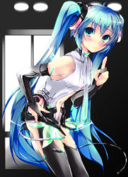 Rule 34 | 1girl, aqua hair, bridal gauntlets, character name, from side, green eyes, hand on own hip, hatsune miku, hatsune miku (append), highres, long hair, necktie, revision, smile, solo, thighhighs, twintails, very long hair, vocaloid, vocaloid append, yagami shuuichi