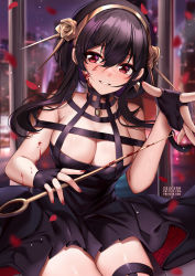 Rule 34 | 1girl, bare shoulders, black dress, black gloves, black hair, black thighhighs, blood, blood on face, breasts, cleavage, commentary, dress, english commentary, fingerless gloves, gloves, grin, hair between eyes, hairband, hand up, highres, holding, holding weapon, large breasts, long hair, looking at viewer, nail polish, petals, red eyes, red nails, rose petals, sitting, smile, solo, spy x family, squchan, thighhighs, thighs, two-sided dress, two-sided fabric, weapon, yor briar