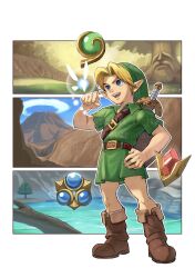 Rule 34 | 1boy, absurdres, belt, belt buckle, blonde hair, blue eyes, boots, border, brown belt, brown footwear, buckle, fairy, forest, full body, gem, green headwear, green tunic, hand on own hip, highres, lake, link, looking at another, male focus, mountain, nature, navi, nintendo, open mouth, outdoors, parted bangs, pointy ears, short hair, short sleeves, smile, sword, takapon-o-ji, the legend of zelda, the legend of zelda: ocarina of time, weapon, weapon on back, white border, young link