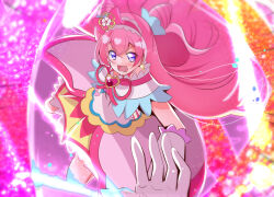 Rule 34 | 1girl, apron, bow, brooch, choker, commentary request, cone hair bun, cure precious, delicious party precure, earrings, gloves, hair bun, headband, heart, heart brooch, jewelry, long hair, magical girl, mitumi mira, nagomi yui, open mouth, pink bow, pink choker, pink hair, pink headband, precure, purple eyes, solo, triple bun, two side up, very long hair, white gloves