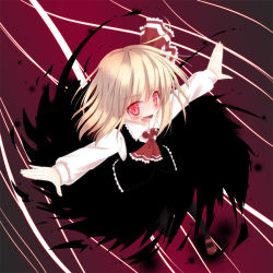 Rule 34 | 1girl, blonde hair, blush, bow, darkness, embodiment of scarlet devil, fang, female focus, gradient background, hair bow, hair ribbon, open mouth, outstretched arms, razy (skuroko), red eyes, ribbon, rumia, short hair, smile, solo, touhou