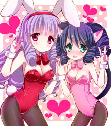 Rule 34 | 10s, 2girls, animal ears, bad id, bad pixiv id, bare shoulders, black hair, blush, bow, bowtie, breasts, cat ears, chuchu (show by rock!!), cleavage, cyan (show by rock!!), detached collar, drill hair, fake animal ears, green eyes, kittysuit, leotard, long hair, looking at viewer, momichika, multiple girls, nontraditional playboy bunny, pantyhose, playboy bunny, purple hair, rabbit ears, rabbit girl, rabbit tail, red eyes, show by rock!!, smile, tail, wrist cuffs