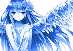 Rule 34 | 1girl, bad id, bad pixiv id, blue eyes, blue hair, blue sky, blue theme, breasts, cleavage, dress, flower, hair flower, hair ornament, long hair, matching hair/eyes, mogumo, monochrome, original, simple background, sky, small breasts, solo, tears, upper body, white dress, wings