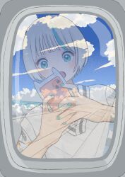 Rule 34 | 1girl, absurdres, airplane interior, airplane wing, aqua eyes, aqua hair, aqua nails, blush, cloud, cloudy sky, glass, highres, holding, holding phone, looking at viewer, mashiro ka, multicolored hair, nail polish, open mouth, original, phone, reflection, rounded corners, selfie, short hair, sky, solo, streaked hair, sweater vest, white sweater vest, window