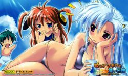 Rule 34 | 1boy, 2girls, :o, ^^^, akatsuki no amaneka to aoi kyojin, amaneka machbuster, bikini, black hair, blue eyes, blue hair, blush, breasts, cal ruslan, chibi, child, cleavage, cloud, covering own mouth, day, drink, drinking straw, embarrassed, hair ornament, hand over mouth, hand over own mouth, head rest, komatsu eiji, large breasts, legs, light rays, long hair, lowleg, lowleg bikini, lying, multiple girls, naughty face, navel, o o, on side, one-piece swimsuit, open mouth, outdoors, purple eyes, red hair, school swimsuit, shiny clothes, short hair, side-tie bikini bottom, sky, smile, sunbeam, sunlight, surprised, sweatdrop, swimsuit, toara lavoakin, topless male, twintails, undressing, untying, very long hair, white hair