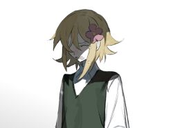 Rule 34 | 1boy, basil (faraway) (omori), basil (omori), blonde hair, closed eyes, collared shirt, crying, flower, green vest, hair flower, hair ornament, highres, long sleeves, male focus, omori, open mouth, pink flower, shaded face, shirt, short hair with long locks, solo, teardrop, tiankong yiji, upper body, v-neck, vest, wavy mouth, white background, white shirt
