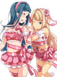 Rule 34 | 2girls, ;), alessandra susu, blonde hair, blue eyes, blue hair, blush, breasts, cleavage, closed mouth, dated, flying sweatdrops, hair ornament, hair ribbon, kichihachi, leg ribbon, long hair, looking at another, looking at viewer, medium breasts, midriff, miniskirt, mole, mole under eye, multiple girls, navel, one eye closed, open mouth, pink ribbon, pink skirt, red eyes, red skirt, ribbon, simple background, skirt, smile, standing, striped ribbon, teeth, tendouji musubi, thigh ribbon, tokyo 7th sisters, twitter username, white background