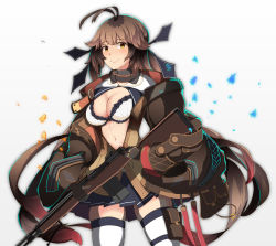 Rule 34 | 1girl, absurdres, antenna hair, bag, baggy clothes, battle rifle, black ribbon, black skirt, blazer, blush, bra, breasts, brown hair, brown jacket, closed mouth, coat, cowboy shot, girls&#039; frontline, gradient hair, gun, hair ribbon, highres, holding, holding gun, holding weapon, jacket, light particles, lingerie, long hair, looking at viewer, lsheng, m14, m14 (girls&#039; frontline), m14 (mod3) (girls&#039; frontline), medium breasts, mod3 (girls&#039; frontline), multicolored hair, navel, neck ribbon, off shoulder, open clothes, open coat, pleated skirt, pouch, red hair, ribbon, rifle, shirt, shoes, sidelocks, simple background, skindentation, skirt, sleeves past wrists, smile, solo, stomach, thigh strap, thighhighs, transparent background, twintails, two-tone hair, underwear, very long hair, weapon, white bra, white thighhighs, yellow eyes, zettai ryouiki