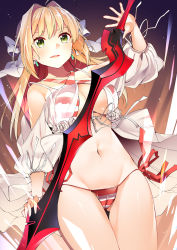 Rule 34 | 1girl, aestus estus, ahoge, bikini, blonde hair, breasts, byte (allbyte), cameltoe, cleavage, cowboy shot, criss-cross halter, dress, earrings, fate/grand order, fate (series), gown, green eyes, groin, hair intakes, hair ribbon, halterneck, highres, holding, holding sword, holding weapon, jewelry, large breasts, long hair, looking at viewer, navel, nero claudius (fate), nero claudius (fate) (all), nero claudius (swimsuit caster) (fate), nero claudius (swimsuit caster) (third ascension) (fate), open mouth, ribbon, round teeth, see-through, side-tie bikini bottom, solo, striped bikini, striped clothes, swimsuit, sword, teeth, weapon