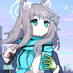 Rule 34 | 1girl, animal ear fluff, animal ears, blue archive, blue eyes, blue jacket, blue scarf, cellphone, cloud, extra ears, floating hair, gloves, green gloves, hair behind ear, halo, holding, holding phone, jacket, lamily, looking up, lowres, phone, pixel art, scarf, shiroko (blue archive), shirt, sky, smartphone, solo, white shirt, wolf ears