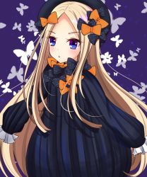 Rule 34 | 1girl, :&lt;, abigail williams (fate), black bow, black dress, black hat, blonde hair, blue eyes, blush, bow, bug, butterfly, commentary request, dress, fate/grand order, fate (series), forehead, hair bow, hat, highres, insect, long hair, long sleeves, orange bow, parted bangs, parted lips, polka dot, polka dot bow, purple background, sleeves past fingers, sleeves past wrists, solo, triangle mouth, very long hair, yuuki (snow-rain00)