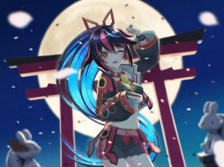 Rule 34 | 1girl, breasts, bridal gauntlets, commentary request, cropped jacket, full moon, hair ribbon, hanjo tv, harunovt, highres, jacket, kimino miya, long hair, looking at viewer, midriff, moon, navel, night, night sky, one eye closed, open clothes, open jacket, open mouth, ponytail, red eyes, ribbon, skirt, sky, solo, torii, virtual youtuber