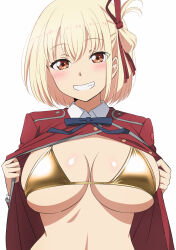 Rule 34 | 1girl, bad hands, bikini, blonde hair, blue ribbon, blush, bob cut, breasts, clothes pull, gold bikini, grin, hair ribbon, highres, large breasts, looking at viewer, lycoris recoil, lycoris uniform, mibushiro, neck ribbon, nishikigi chisato, one side up, open clothes, pulled by self, red eyes, red ribbon, revision, ribbon, satin bra, short hair, simple background, skindentation, small hands, smile, solo, swimsuit, teeth, upper body, white background