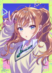 Rule 34 | 1girl, blue eyes, blush, breasts, brown hair, brown sweater, collared shirt, commentary request, diagonal-striped clothes, diagonal-striped necktie, dress shirt, green necktie, hair ornament, hairclip, highres, long hair, long sleeves, looking at viewer, morikura en, nail polish, necktie, original, parted lips, pink nails, school uniform, shirt, signature, sleeves past wrists, small breasts, solo, striped clothes, sweater, upper body, v, white shirt