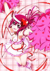 Rule 34 | 1girl, :d, absurdres, amulet heart, amulet heart (cosplay), arm strap, arms up, breasts, cheerleader, cleavage, cosplay, crop top, full body, hair between eyes, hair ornament, heart, heart hair ornament, highres, hino akane (smile precure!), layered skirt, leg warmers, looking at viewer, miniskirt, nita (onakatohoppe), open mouth, pleated skirt, precure, red eyes, red hair, short hair, shugo chara!, skirt, small breasts, smile, smile precure!, solo, twitter username, white skirt