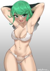 Rule 34 | 1girl, :d, a big brother, alternate breast size, armpits, arms behind head, arms up, bra, breasts, cleavage, cowboy shot, curly hair, curvy, gluteal fold, green eyes, green hair, highres, large breasts, looking at viewer, medium hair, navel, one-punch man, open mouth, panties, smile, solo, standing, tatsumaki, thong, underwear, underwear only, undressing, white bra, white panties, wide hips