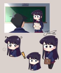 Rule 34 | !, 1boy, 1girl, absurdres, artist name, bag, black hair, blazer, blue jacket, blush, chalkboard, chibi, classroom, collared shirt, commentary, cropped torso, day, ear wiggle, flower, from behind, grey background, hair flower, hair ornament, highres, holding, holding bag, indoors, j humbo, jacket, komi-san wa komyushou desu, komi shouko, long hair, long sleeves, looking at another, looking at viewer, motion lines, multiple views, no mouth, no nose, pantyhose, pleated skirt, puff of air, purple eyes, purple hair, red skirt, school bag, school uniform, shirt, signature, simple background, skirt, sparkling eyes, sunlight, swept bangs, symbol-only commentary, tadano hitohito, white shirt