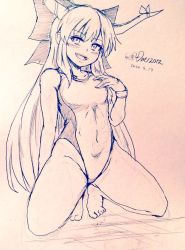 Rule 34 | 1girl, alternate costume, bare legs, barefoot, bow, breasts, commentary request, competition swimsuit, covered navel, d-m (dii emu), eyelashes, greyscale, hair bow, hand on own chest, horns, ibuki suika, looking at viewer, monochrome, naughty face, one-piece swimsuit, oni horns, open mouth, sketch, swimsuit, tiptoes, toes, touhou, traditional media