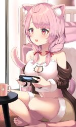 Rule 34 | 1girl, absurdres, ahoge, animal ear fluff, animal ears, bare shoulders, barefoot, bed, blush, braid, breasts, brown jacket, camisole, cat cutout, cat ears, cat girl, cat tail, cleavage, cleavage cutout, clothing cutout, collarbone, commentary request, commission, controller, crop top, cup, day, frilled camisole, frills, full body, fur-trimmed sleeves, fur trim, game controller, hair over shoulder, hair ribbon, highres, holding, holding controller, holding game controller, indie virtual youtuber, indoors, izumiya konomi, jacket, long hair, long sleeves, looking ahead, medium breasts, mug, off shoulder, on floor, open mouth, orange eyes, pink hair, pink tail, playing, red ribbon, ribbon, shorts, sitting, skeb commission, smile, solo, spaghetti strap, tail, tail raised, twin braids, twintails, virtual youtuber, white camisole, yamato (muchuu paradigm), yellow shorts