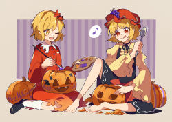 Rule 34 | 2girls, aki minoriko, aki shizuha, apron, black apron, blonde hair, blush, closed mouth, dagasitotaiyou, eighth note, food, food-themed hat ornament, fruit, fruit hat ornament, grape hat ornament, grapes, hair between eyes, hair ornament, halloween, hat, hat ornament, holding, holding paintbrush, holding palette, holding spoon, jack-o&#039;-lantern, leaf hair ornament, long sleeves, mob cap, multiple girls, musical note, one eye closed, open mouth, paintbrush, palette (object), pumpkin, red eyes, red headwear, red shirt, red skirt, shirt, short hair, siblings, sisters, skirt, smile, spoken musical note, spoon, tongue, tongue out, touhou, vegetable, wide sleeves, yellow eyes, yellow shirt