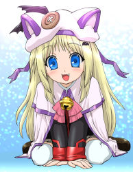 Rule 34 | 1girl, animal ears, animal hat, bat (animal), bell, beret, blonde hair, blue eyes, blush, bow, cape, cat ears, cat hat, fang, hair ornament, hairclip, hat, large buttons, little busters!, long hair, noumi kudryavka, pink bow, school uniform, solo, thighhighs, ueyama michirou