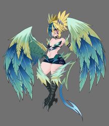 Rule 34 | 1girl, absurdres, bare shoulders, bird legs, blonde hair, blue feathers, blue hair, blue wings, breasts, commentary, darkwrath, facial mark, feathered wings, feathers, green feathers, green wings, grey background, harpy, highres, looking at viewer, miniskirt, monster girl, monster girl encyclopedia, multicolored hair, navel, pointy ears, red eyes, short twintails, simple background, skirt, small breasts, smile, solo, tail, talons, thunderbird (monster girl encyclopedia), tongue, tongue out, twintails, two-tone hair, winged arms, wings