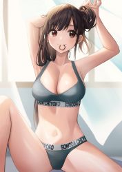 Rule 34 | 1girl, absurdres, arm behind head, arms up, blue bra, blue panties, blush, bra, breasts, brown eyes, brown hair, character name, cleavage, closed mouth, hair bun, hair tie in mouth, highres, idolmaster, idolmaster shiny colors, knee up, large breasts, long hair, mouth hold, panties, sitting, solo, sonoda chiyoko, sora (men0105), sports bra, stomach, tying hair, underwear, underwear only
