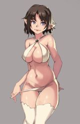 Rule 34 | 1girl, arm behind back, bare shoulders, bikini, blue eyes, breasts, brown hair, cleavage, closed mouth, collarbone, cowboy shot, elf, gluteal fold, grey background, groin, halterneck, highres, large breasts, legs together, navel, original, pointy ears, pulling own clothes, short hair, simple background, smile, solo, stomach, string bikini, string pull, swimsuit, thigh gap, thighhighs, vins-mousseux, white bikini, white thighhighs