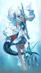 Rule 34 | 1girl, alternate costume, barefoot, blue eyes, blue hair, fins, fish tail, gawr gura, hair ornament, highres, holding trident, hololive, hololive english, looking at viewer, multicolored hair, polearm, quasarcake, shark girl, shark hair ornament, shark tail, sharp teeth, smile, solo, streaked hair, tail, teeth, trident, two side up, virtual youtuber, weapon, white hair