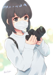 Rule 34 | 1girl, absurdres, alternate costume, black eyes, black hair, braid, camera, commentary request, hair between eyes, highres, isonami (kancolle), kamikitayotsuba, kantai collection, long hair, looking at viewer, mask, mouth mask, sidelocks, solo, sweater, twin braids, twitter username, upper body, white sweater