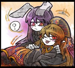Rule 34 | +++, 2girls, ;p, ?, animal ears, black border, blonde hair, blush, border, chinese clothes, colored skin, commentary, gradient background, hat, jacket, junko (touhou), lying on person, multiple girls, necktie, one eye closed, pointy ears, purple hair, rabbit ears, red eyes, reisen udongein inaba, slit pupils, spoken question mark, suenari (peace), tongue, tongue out, touhou, white skin, wink
