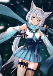 Rule 34 | 1girl, ahoge, animal ear fluff, animal ears, black gloves, blue neckerchief, blue skirt, blurry, blurry background, blush, braid, commentary request, detached sleeves, fishnet thighhighs, fishnets, floral print, fox ears, fox girl, fox tail, gloves, green eyes, green scarf, hair between eyes, highres, holding, holding weapon, hololive, kunai, long hair, looking at viewer, neckerchief, ninja, nootomo, partially fingerless gloves, pentagram, pleated skirt, sailor collar, scarf, shirakami fubuki, shirt, sidelocks, single braid, single thighhigh, skirt, sleeveless, sleeveless shirt, solo, tail, thigh strap, thighhighs, virtual youtuber, weapon, white hair, white shirt, wide sleeves