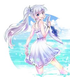 Rule 34 | 1girl, blue eyes, dress, hat, highres, iesupa, jewelry, long hair, pendant, ponytail, ribbon trim, rwby, scar, scar across eye, scar on face, side ponytail, solo, very long hair, water, weiss schnee, white hair