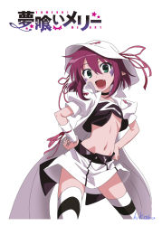 Rule 34 | 1girl, :d, belt, choker, fang, green eyes, hands on own hips, hat, highres, hikaru, looking at viewer, merry nightmare, navel, open mouth, pointy ears, purple hair, short hair, skirt, smile, solo, striped clothes, striped thighhighs, thighhighs, white background, white hat, yumekui merry