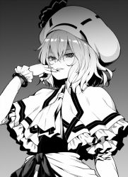 Rule 34 | 1girl, alternate headwear, finger to mouth, gradient background, grey background, greyscale, hair between eyes, hat, hat ornament, hiroya juuren, looking at viewer, medium hair, monochrome, necktie, parted lips, remilia scarlet, smile, smug, solo, touhou, upper body, wristband