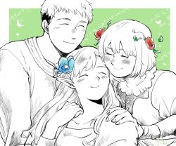 Rule 34 | 1boy, 2girls, ^ ^, blue flower, blunt bangs, border, boy and girl sandwich, brother and sister, closed eyes, commentary, dungeon meshi, elf, falin touden, feathers, flower, green background, greyscale with colored background, hair flower, hair ornament, hand on another&#039;s hand, hand on another&#039;s shoulder, laios touden, light blush, long hair, marcille donato, medium hair, multiple girls, pointy ears, rakka (gerakudq1196), red flower, sandwiched, short hair, siblings, smile, spoilers, swept bangs, white border