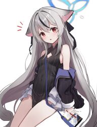 Rule 34 | 1girl, :o, animal ears, bag, bare shoulders, baseatoz, blue archive, breasts, brown eyes, covered navel, grey hair, hair ribbon, halo, highres, jacket, kokona (blue archive), long hair, multicolored hair, notice lines, off shoulder, ribbon, shoulder bag, simple background, small breasts, solo, streaked hair, very long hair, white background