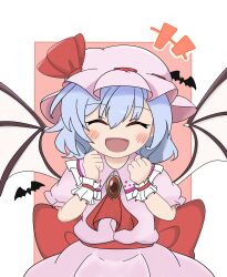 Rule 34 | 1girl, ascot, bat (animal), bat wings, blue hair, blush, bow, brooch, clenched hands, closed eyes, commentary request, hat, hat ribbon, highres, jewelry, medium hair, mob cap, open mouth, pink hat, puffy short sleeves, puffy sleeves, purabird0370, red ascot, red bow, red brooch, remilia scarlet, ribbon, short sleeves, smile, solo, touhou, waist bow, wings, wrist cuffs