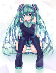 Rule 34 | 1girl, absurdres, aqua eyes, aqua hair, arms on knees, ass, bad id, bad pixiv id, bare shoulders, black thighhighs, blouse, blush, breasts, calcio, cameltoe, collared shirt, detached sleeves, eyes visible through hair, hair between eyes, hatsune miku, high heels, highres, long hair, looking at viewer, medium breasts, miniskirt, nail polish, necktie, open mouth, panties, pantyshot, pleated skirt, shirt, shoulder tattoo, sitting, skirt, sleeveless, sleeveless shirt, solo, striped clothes, striped panties, tattoo, thighhighs, twintails, underwear, vocaloid, zettai ryouiki