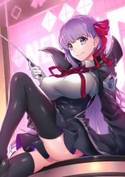 Rule 34 | 10s, 1girl, arikanrobo, bb (fate), bb (fate/extra), black thighhighs, bow, breasts, fate/extra, fate/extra ccc, fate/grand order, fate (series), gloves, hair between eyes, hair bow, hair ribbon, highres, holding, holding wand, jacket, large breasts, light smile, long hair, long sleeves, looking at viewer, neck ribbon, open clothes, open jacket, panties, pantyshot, purple eyes, purple hair, red bow, red ribbon, ribbon, sitting, skirt, solo, thighhighs, underwear, very long hair, wand, white gloves, white panties