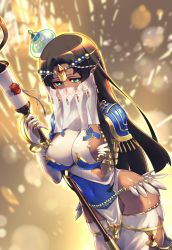 Rule 34 | 1girl, arm wrap, armlet, armor, black hair, blue armor, bracelet, breast hold, breastplate, breasts, bridal gauntlets, circlet, covered navel, dark-skinned female, dark skin, fate/grand order, fate (series), feathers, forehead jewel, green eyes, hat, hip focus, jewelry, large breasts, long hair, looking at viewer, matsumoto tomoyohi, mouth veil, parted bangs, pauldrons, ring, scheherazade (fate), scroll, shoulder armor, sideboob, solo, staff, thighlet, thighs, veil
