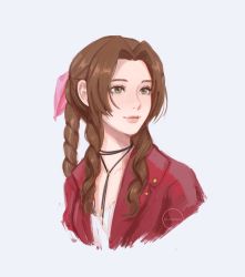 Rule 34 | 1girl, aerith gainsborough, bow, braid, brown hair, clivenzu, final fantasy, final fantasy vii, final fantasy vii remake, green eyes, hair ribbon, highres, jacket, lips, long hair, pink bow, red jacket, ribbon, simple background, smile, solo, upper body, white background