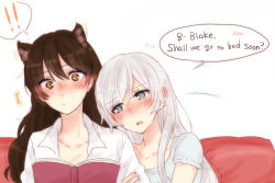Rule 34 | !, !!, 2girls, :/, :o, animal ears, arm hug, bad id, bad pixiv id, black hair, blake belladonna, blue eyes, blush, book, cat ears, cat girl, closed mouth, collarbone, couch, couple, embarrassed, english text, extra ears, facial mark, faunus (rwby), hair between eyes, hair down, hug, leaning on person, leaning to the side, long hair, looking at another, looking down, multiple girls, nightgown, open book, open mouth, reading, rwby, scar, scar across eye, scar on face, shirt, shy, sitting, sleepwear, sorimachi-doufu, speech bubble, spoken exclamation mark, surprised, talking, tongue, upper body, weiss schnee, white background, white hair, white shirt, yellow eyes, yuri