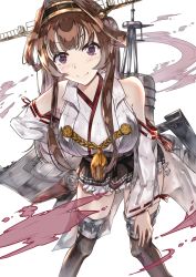 Rule 34 | 1girl, absurdres, ahoge, bare shoulders, boots, breasts, brown hair, detached sleeves, double bun, hair bun, hakama, hakama short skirt, hakama skirt, headgear, highres, japanese clothes, kantai collection, kongou (kancolle), kongou kai ni (kancolle), large breasts, long hair, looking at viewer, nontraditional miko, purple eyes, simple background, skirt, smile, solo, taki rentaro, thigh boots, thighhighs, white background