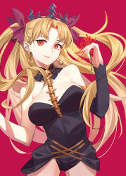 Rule 34 | 1girl, bare shoulders, black leotard, blonde hair, bow, breasts, cleavage, closed mouth, commentary request, cowboy shot, detached sleeves, earrings, ereshkigal (fate), fate/grand order, fate (series), flower, hair bow, halterneck, highres, holding, holding flower, jewelry, leotard, looking at viewer, medium breasts, parted bangs, pink lips, purple bow, red eyes, single detached sleeve, skull, smile, solo, spider lily, spine, tiara, two side up, yaxiya