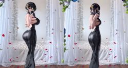Rule 34 | ass, backless dress, backless outfit, bed, bed sheet, beehive hairdo, black dress, black hair, breasts, cosplay, cosplay photo, curtains, dress, highres, holding, holding phone, indoors, large breasts, looking back, nicorima, petals, phone, photo (medium), real life, selfie, sideboob, spy x family, standing, yor briar, yor briar (cosplay)