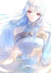 Rule 34 | 1girl, bad id, bad twitter id, bare shoulders, blue hair, cape, dress, fire emblem, fire emblem: the blazing blade, hair ornament, jewelry, kuzumosu, long hair, looking at viewer, ninian, nintendo, pointy ears, red eyes, simple background, smile, solo