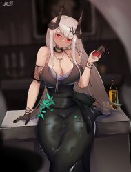 Rule 34 | 1girl, arknights, arm support, bare shoulders, black choker, black dress, black gloves, bottle, breasts, choker, cleavage, commentary, cuddz, cup, detached sleeves, dress, drinking glass, gloves, head tilt, highres, holding, holding cup, horns, large breasts, long hair, looking at viewer, mudrock (arknights), mudrock (silent night) (arknights), official alternate costume, pointy ears, red eyes, short sleeves, single glove, sitting, solo, very long hair, white hair