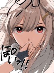 Rule 34 | 10s, 1girl, black gloves, black ribbon, blonde hair, commentary, covering own mouth, fingerless gloves, gloves, hair between eyes, hair flaps, hair ornament, hair ribbon, hairclip, kantai collection, long hair, looking at viewer, morinaga miki, poi, red eyes, ribbon, scarf, shaded face, simple background, solo, straight hair, white scarf, yuudachi (kancolle), yuudachi kai ni (kancolle)