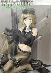 Rule 34 | 1girl, aai corporation, airtronic usa, assault rifle, bare shoulders, blonde hair, boots, bullet hole, call of duty, call of duty 4, checkered floor, colt&#039;s manufacturing company, colt defense, diemaco, elbow gloves, floor, gloves, goggles, grenade launcher, grey eyes, gun, halterneck, halterneck, handkerchief, knight&#039;s armament company, lewis machine and tool company, m203, m4 carbine, midriff, military, military uniform, moe (phrase), mouth hold, navel, pants, rifle, rm equipment, short hair, solo, tank top, u.s. ordnance, underbarrel grenade launcher, uniform, weapon, yamishin